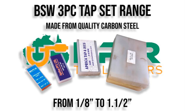 BSW 3pc Tap Set Range 1/8" - 1.1/2". Made from quality Carbon Steel. Each set consists of a Starter, Middle & Bottom Tap. Supplied by LPR Toolmakers an Australian family owned business that imports high quality BSW Threaded Taps & Dies.