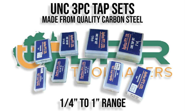 UNC Tap Sets from 1/4" to 1". 3pc Sets - Starter - Intermediate - Bottom Plug Taps. Made from quality Carbon Steel. Supplied by LPR Toolmakers an Australian family owned business that imports quality HSS & Carbon Steel UNC Taps. Shipped from country Victoria. 