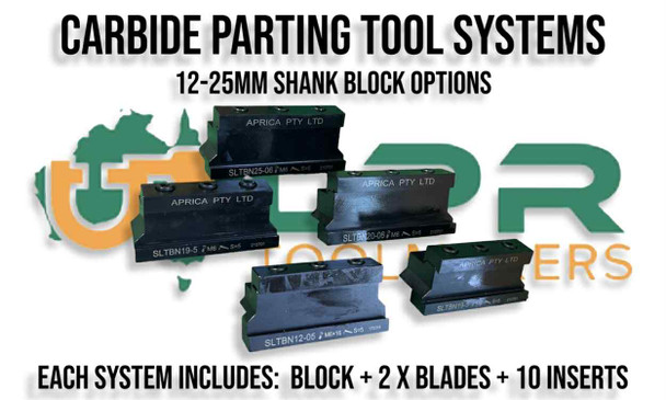 Carbide Insert Parting Tool Systems. 12-16-19-20-25mm Shank Blocks, Inserts & Parting Blades. Supplied by LPR Toolmakers an Australian owned family business that imports quality Parting Tool Blocks, Parting Off Blades & Carbide Inserts. Shipped from country Victoria. 