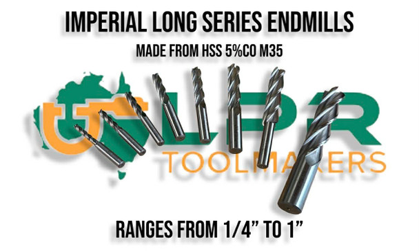 Imperial Long Series HSS w/5% Cobalt Endmills. Range from 1/4" to 1". Supplied by LPR Toolmakers an Australian family owned business that imports high quality Short & Long Series Endmill Cutters. Shipped from Broadford, Victoria. 