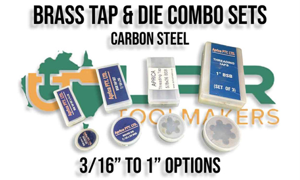 Brass Thread Taps & Die Combinations. 3pc Tap Sets & matching button dies from 3/16" to 1" BSB. Made from quality Carbon Steel. Supplied by LPR Toolmakers an Australian family owned business that imports quality Brass (BSB) Thread taps & dies. Shipped from Melbourne, Victoria.  Brass Thread Taps & Die Combinations. 3pc Tap Sets & matching button dies from 3/16" to 1" BSB. Made from quality Carbon Steel. Supplied by LPR Toolmakers an Australian family owned business that imports quality Brass (BSB) Thread taps & dies. Shipped from Melbourne, Victoria.