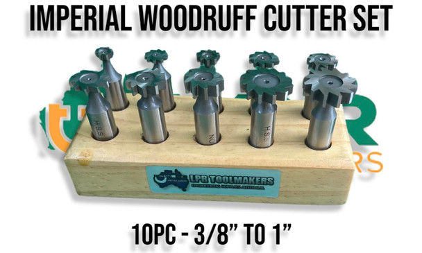 Imperial Woodruff Cutter Set - 3/8" to 1" sizes. Made from quality HSS. Supplied by LPR Toolmakers an Australian family owned business that imports high quality Woodruff Cutters in Metric & Imperial. Shipped from Melbourne, Victoria.  