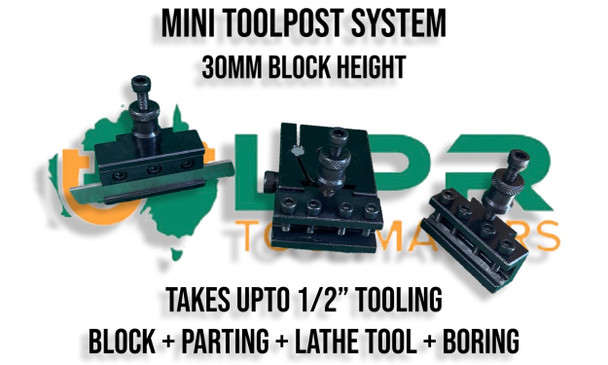 Mini Quick Change Toolpost System - Suit upto 12mm Tooling. 30mm Block Height. LPR Toolmakers is an Australian family owned business that imports quality Quick Change Toolpost Systems at affordable prices. 