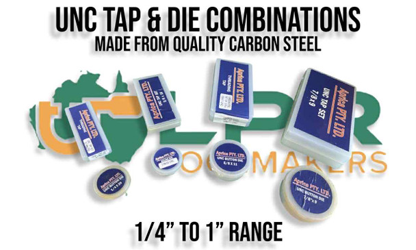 UNC Tap & Die Sets. 3pc Set - Starter - Intermediate - Bottom Plug Tap & matching Round Button Die combo. Made from quality Carbon Steel. Supplied by LPR Toolmakers an Australian family owned business that imports quality HSS & Carbon Steel UNC Taps. Shipped from country Victoria. 
