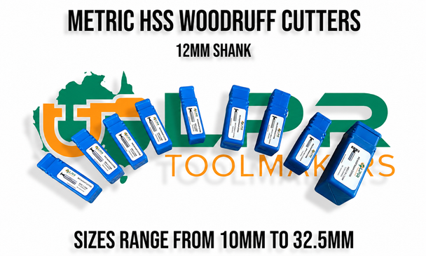 Metric Woodruff Cutters - From 10 to 32.5mm - 12mm Shanks. Supplied by LPR Toolmakers an Australian owned family business that imports high quality Metric & Imperial Woodruff cutters. Shipped from Melbourne, Victoria. 