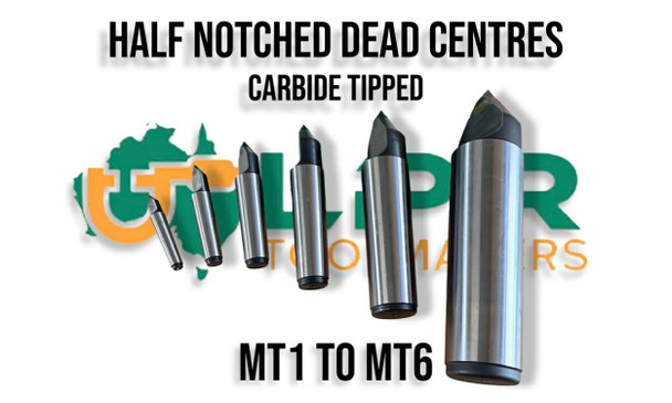 Half Dead Centre - Notched 62HRC Hardened Tip. Sizes available include MT1, MT2, MT3, MT4, MT5 & MT6. Supplied by LPR Toolmakers an Australian family owned business that imports quality Full & Half Dead Centres. Shipped from Melbourne.