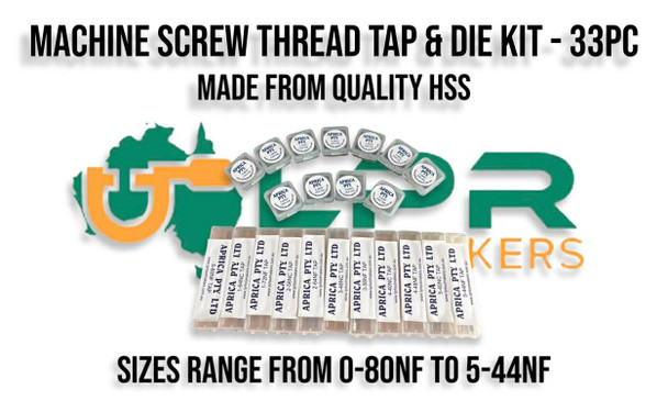 HSS Machine Screw Thread 33pc Tap & Die Set. Unified Threads. 0-80NF to 5-44NF.  22 Taps & 11 Dies. Supplied with a Taper & Plug tap & matching Button Die for 11 different sizes. Supplied by LPR Toolmakers an Australia owned family business that imports high quality HSS Machine Screw thread tap & dies. Shipped from Melbourne, Victoria. 