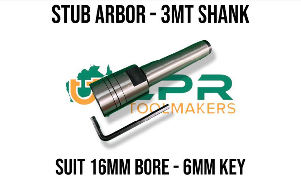 3MT Stub Arbor - 16mm Bore. Supplied by LPR Toolmakers an Australian family-owned business that imports high quality Milling & Gear Cutting Arbors. Shipped from Melbourne, Victoria.