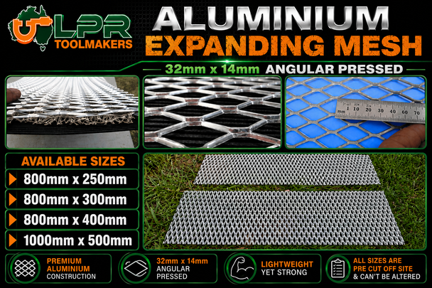Expanding Aluminium Wire Mesh. 32mm x 14mm Angular pressed. Sizes include - 800mm x 250mm, 800mm x 300mm, 800mm x 400mm, 1000mm x 500mm. Shipped from Melbourne, Victoria. 