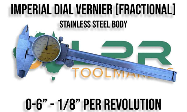 Dial Vernier Imperial - Fractional readout. 1/8" Revs. Supplied by LPR Toolmakers an Australian family owned business that imports quality Dial Verniers in Metric & Imperial. Shipped from Melbourne, Victoria. 