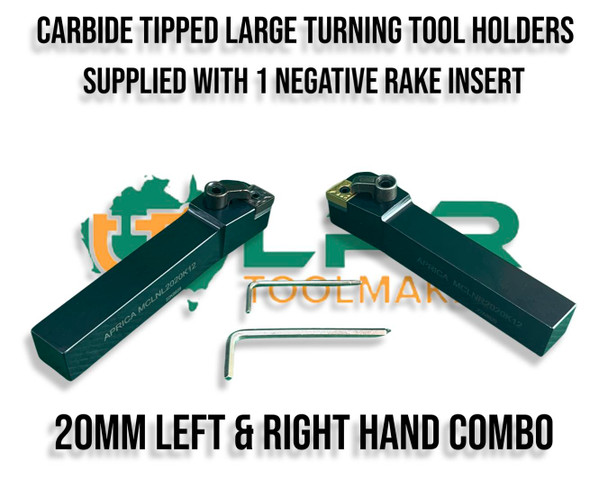 Carbide insert Left & Right turning tool holders. 20mm & 25mm Shank Options as well as spare quality carbide inserts to suit.

Supplied by LPR Toolmakers an Australian family owned business that imports quality Left & Right Hand Lathe Turning Tools. Located in Victoria.