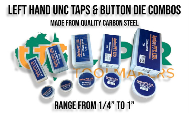 left Hand UNC Taps & Button Die sets - Made from quality Carbon Steel. From 1/4" to 1" range. Supplied by LPR Toolmakers an Australian family owned business that imports high quality Carbon Steel & HSS Left hand UNC thread Taps & Dies. Shipped from Melbourne, Victoria.