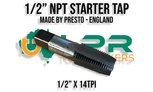 1/2" x 14TPI NPT Starter Tap - Made in England. Presto. Supplied by LPR Toolmakers an Australian family owned business that imports high quality NPT, BSP, BSPT Taps & Dies. Shipped from Melbourne, Victoria. 