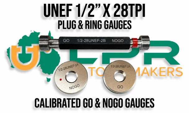1/2" X 28TPI UNEF GO - NOGO Ring & Plug Gauges for internal & external threads. Supplied by LPR Toolmakers an Australian family owned business that imports quality Go & Nogo Gauges at affordable prices. Shipped from Melbourne, Victoria.