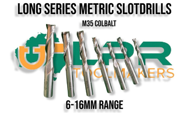 Long Series HSS with 5% Cobalt Metric 2 Flute Slotdrills. From 6-16mm Range.  Supplied by LPR Toolmakers an Australian family owned business that imports quality Metric & Imperial Slotdrills & Endmills. Located in Melbourne, Victoria. 