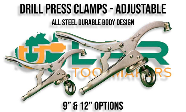 Adjustable Locking Clamps for your Drill Press. Available in 9" & 12" with 12mm Bolts. Supplied by LPR Toolmakers an Australian family owned business that imports high quality Clamps for your Drill Press. Shipped from Melbourne, Vic. 