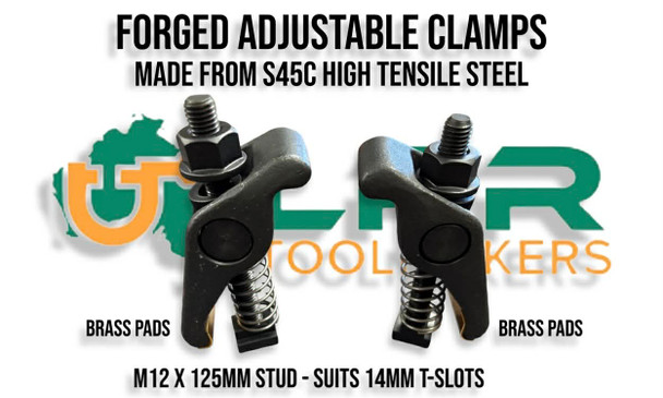 Forged Adjustable Milling Machine Clamps - Made from High Tensile S45C Steel. Brass pads for workpiece protection. Supplied by LPR Toolmakers an Australian owned family business that imports high quality Clamps for your Milling machine. Shipped from Melbourne, Victoria. 