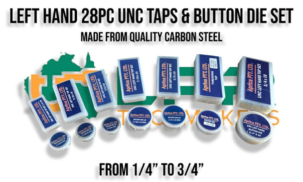 Left Hand UNC 28pc Taps & Die Set. 1/4" to 3/4" Kit. Supplied by LPR Toolmakers an Australian family owned business that imports high quality Left Hand UNF thread Taps & Dies. Shipped from Melbourne, Victoria. 