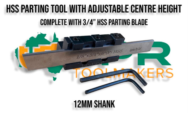 Adjustable Centre Height Parting Off Tool Holder - 12mm Shank. Adjust centre height from  10 to 20mm. Supplied by LPR Toolmakers an Australian family owned business that imports high quality HSS & Carbide Parting Tool systems. Shipped from Melbourne, Victoria. 