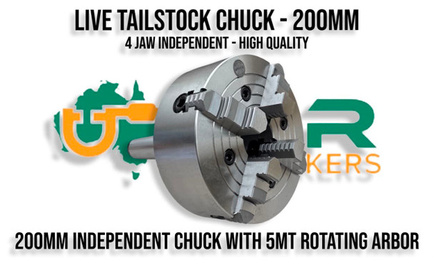 200mm Independent Chuck with a 5MT rotating Arbor. Supplied by LPR Toolmakers an Australian owned family business that imports high quality Chucks, Arbors for your Lathe. Shipped from Melbourne, Victoria. 
