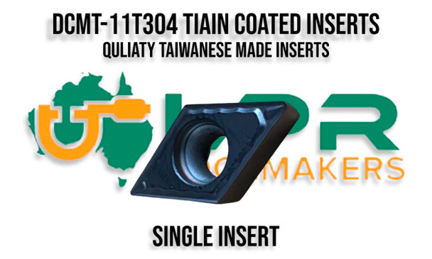 DCMT11T304 Carbide Insert for lathe turning tool. TiAIN Coated upto 80RC. Supplied by LPR Toolmakers an Australian family business that imports high quality Carbide inserts from Taiwan. Shipped from Melbourne, Victoria.