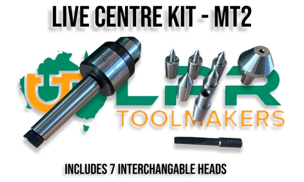Interchangeable Live Centre Kits - features 7 different heads, easily replaceable. Available in either 2MT or 3MT. Supplied by LPR Toolmakers an Australian family owned business that imports high quality Live Centres. Shipped from Melbourne, Victoria. 