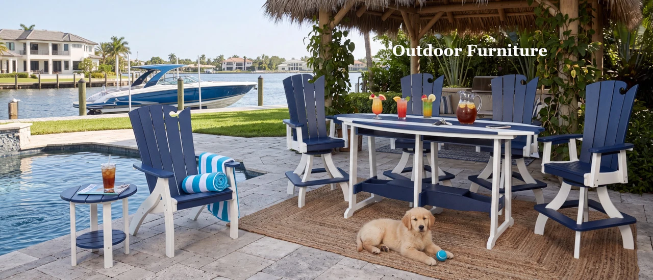 Amish crafted poly patio furniture pictured at waterfront mansion