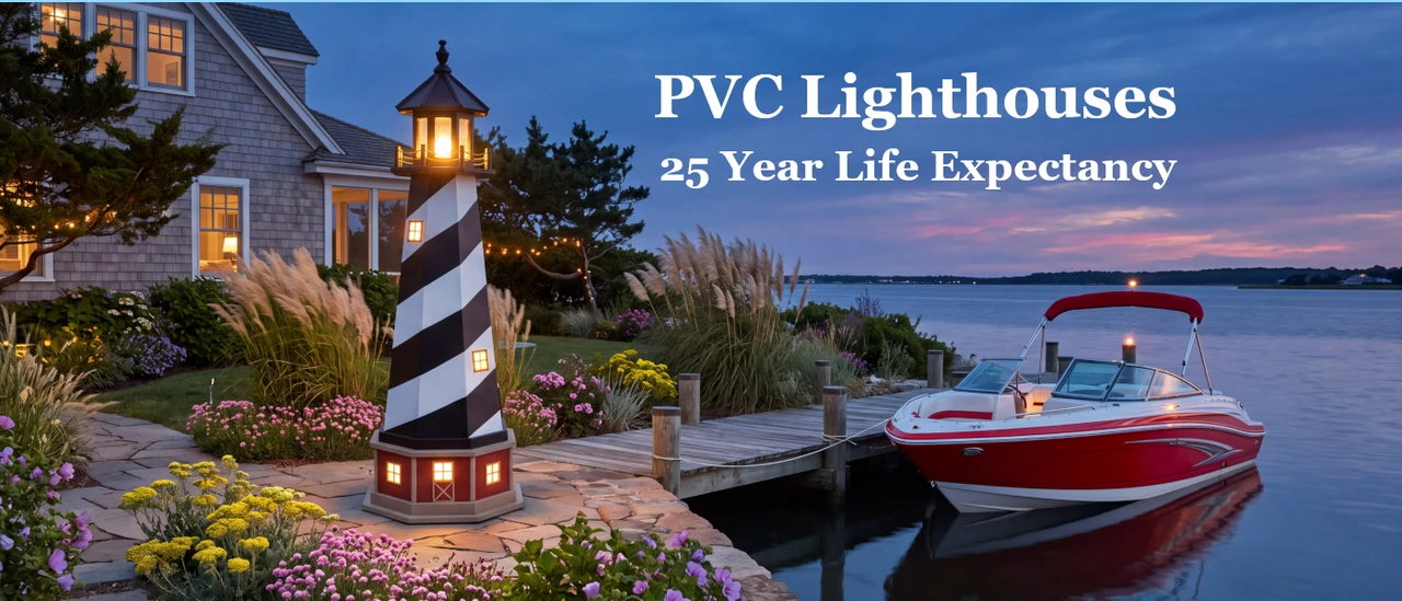Amish made Cape Hatteras garden lighthouse pictured along waterfront dock of coastal home.