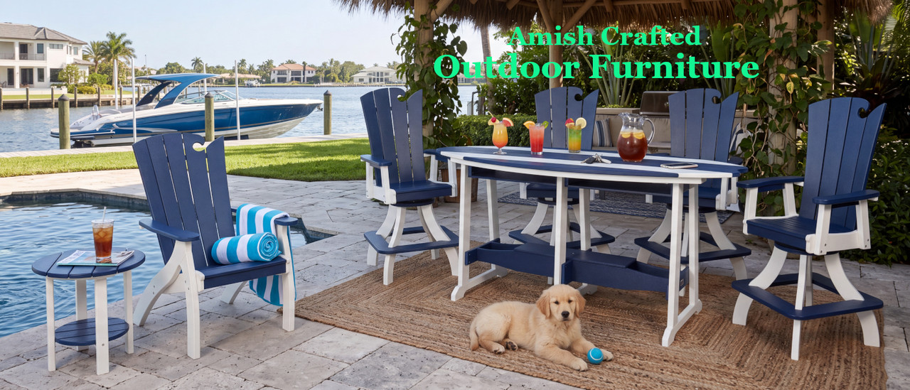 Amish built poly outdoor furniture pictured on a waterfront mansion patio