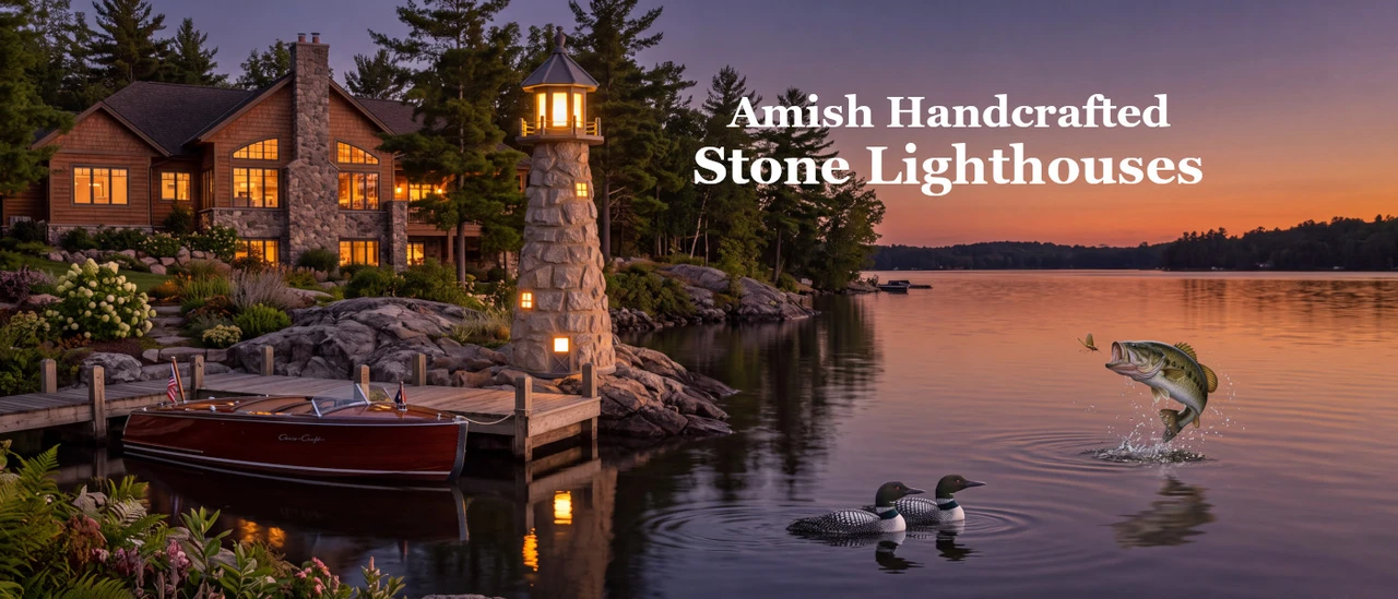 Stone lighthouse at lakefront home.