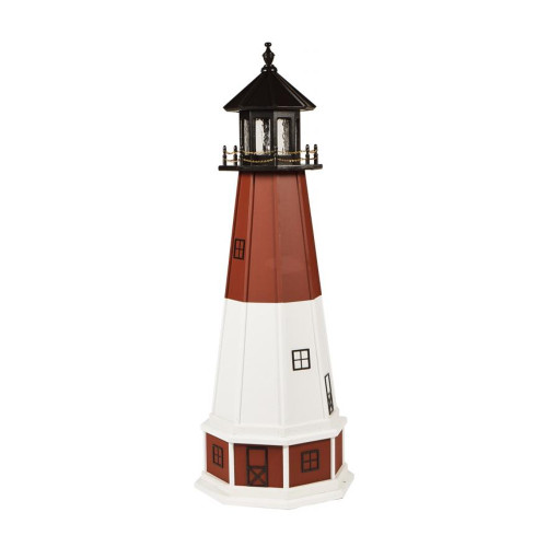Amish handcrafted garden lighthouse, 5 foot with base, in black, cherrywood, and white.