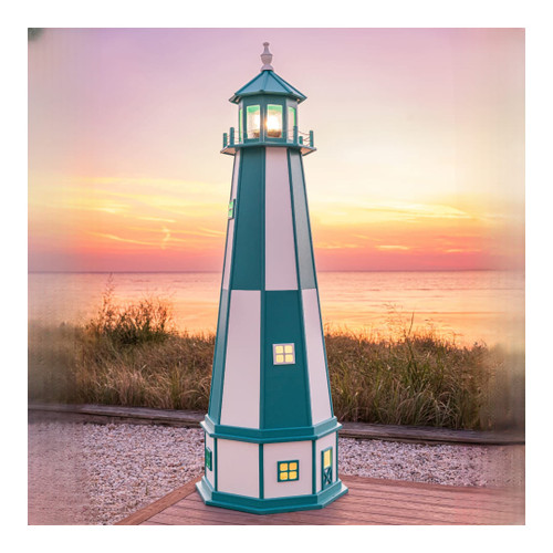 Amish handcrafted poly garden lighthouse, 8 foot with base in aruba blue and white with solar interior lighting. Pictured on beach boardwalk at sunset.