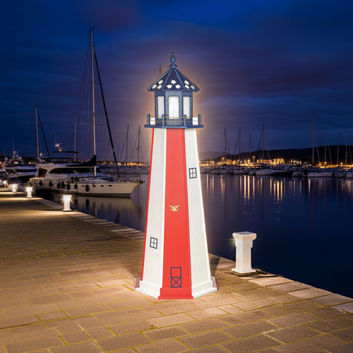 Amish crafted poly patriotic garden lighthouse on dock at yacht club