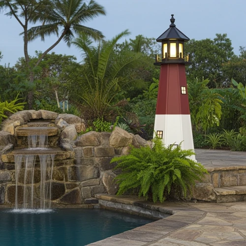Amish crafted poly garden lighthouse, Barnegat Replica, in black, cherrywood, white, pictured in flower bed by pool waterfall