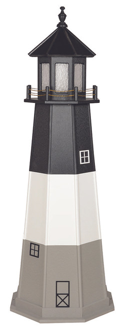 Amish handcrafted wood Oak Island replica garden lighthouse, 6 foot, finished in black, white, and gray.