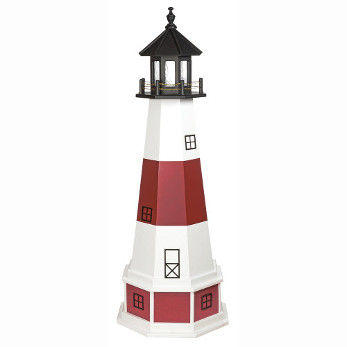 Amish handcrafted Montauk replica wood lighthouse, finished in black, cherrywood, and white, 5 foot with base.