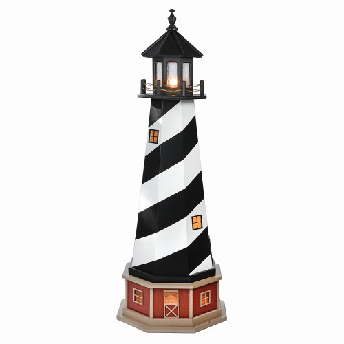 Amish handcrafted Cape Hatteras replica garden lighthouse with base, constructed of wood, finished in black and white, 5 foot overall height, base and tower lighting included.