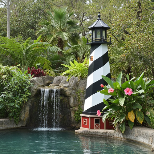 Amish made Cape Hatteras replica garden lighthouse finished in black and white with cherrywood and weatherwood base, pictured beside pool waterfall.