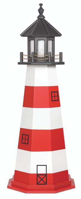 Amish handcrafted Assateague replica garden lighthouse, finished in black, cardinal red, and white, 5 foot high.