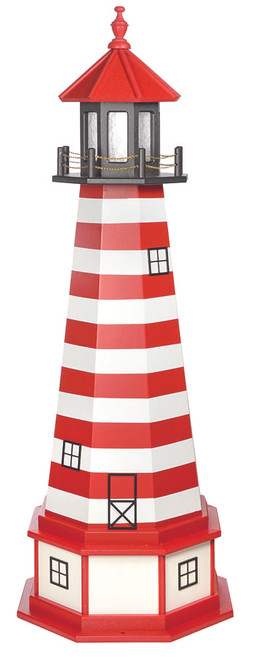 Amish made West Quoddy replica garden lighthouse, constructed from wood, finished in red, black, and white, 5 foot with base.