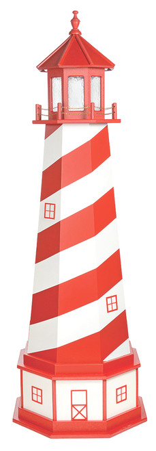 Amish handcrafted White Shoals replica garden lighthouse, all wood construction, finished in cardinal red and white, 6 foot with base.