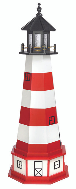 Amish handcrafted Assateague replica garden lighthouse, finished in black, cardinal red, and white, 5 foot high with base.