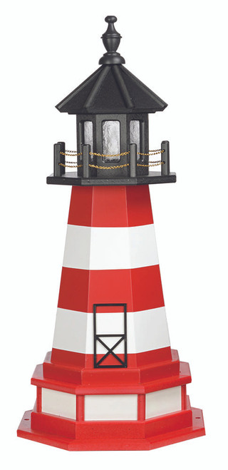 Amish handcrafted Assateague replica garden lighthouse, finished in black, cardinal red, and white, 3 foot high with base.