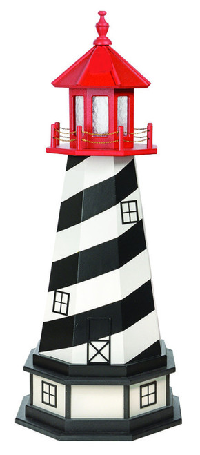 Amish crafted St. Augustine poly wood hybrid garden lighthouse, cardinal red, black, white, 4 foot with base.