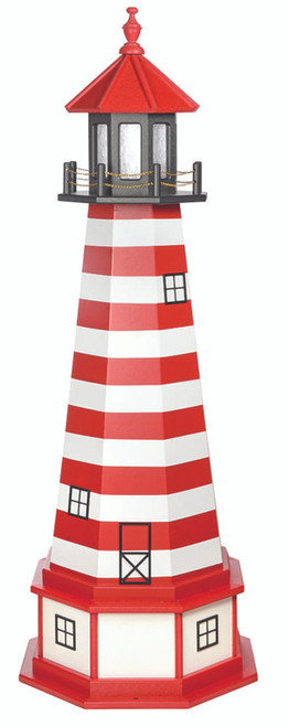 Amish handcrafted West Quoddy replica garden lighthouse, poly wood hybrid construction, finished in black, white, cardinal red, 5 foot with base.