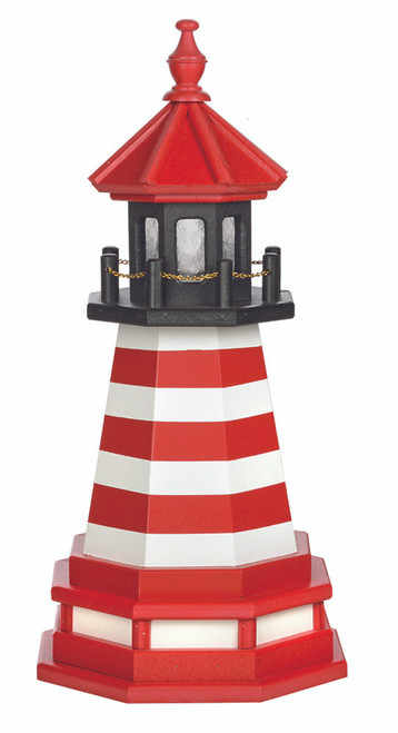 Amish handcrafted West Quoddy replica garden lighthouse, poly wood hybrid construction, finished in black, white, cardinal red, 2 foot with base.