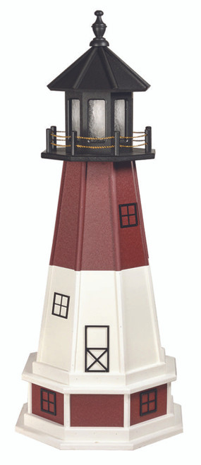 Amish handcrafted Barnegat replica garden lighthouse, poly wood hybrid construction, black, cherrywood, white, 4 foot with base.