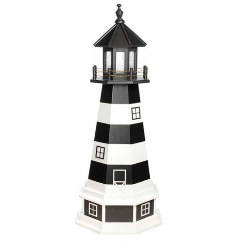 Amish crafted Bodie Island replica garden lighthouse, poly, wood hybrid construction black and white, 4 foot with base.