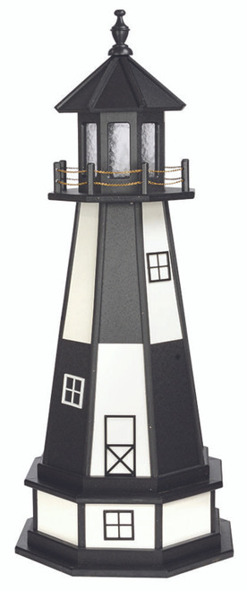 Amish crafted Cape Henry replica garden lighthouse, poly and wood hybrid construction, black and white, 4 foot with base.