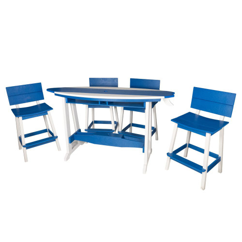 Amish handcrafted, poly surfboard style table and chair set, bright blue and white.